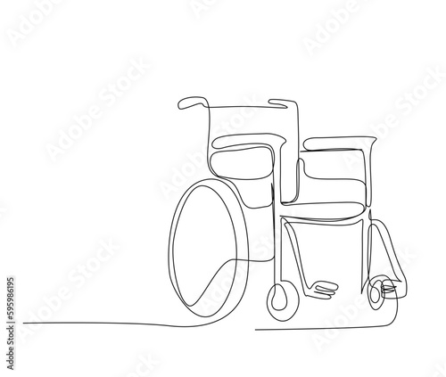 Continuous line art drawing of medical wheelchair. wheel chair single line art drawing vector illustration. Editable stroke.
