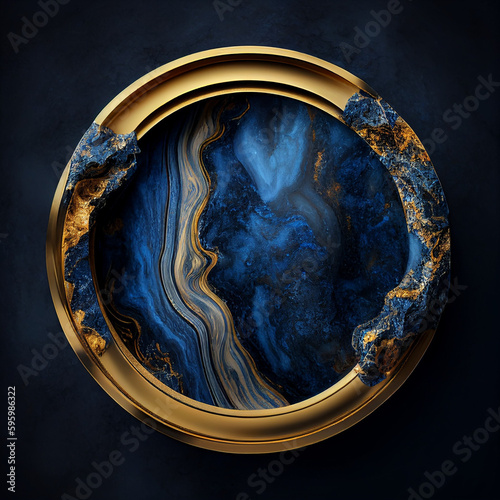 ダーク背景に青と金色のマーブル模様の装飾がある金色の丸いフレーム。エレガントな秋冬用の正方形抽象テンプレート。ジェネレーティブAI