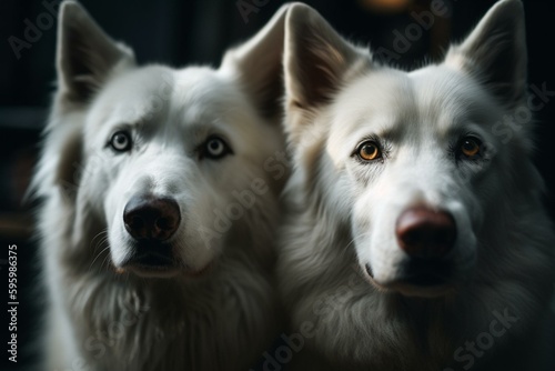 Adorable white Alaskan dogs with round faces and small eyes, make for a delightful pair. Generative AI