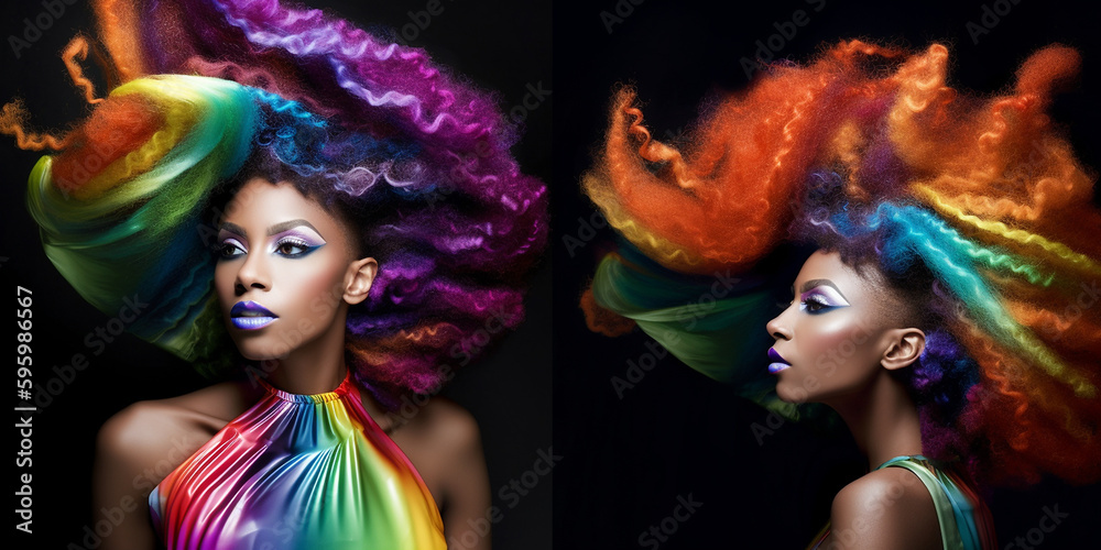 Afroamerikanische Frau in Designer Mode und poppiger bunter Haar Frisur, Gesicht Nahaufnahme im Porträt, ai generativ - obrazy, fototapety, plakaty 