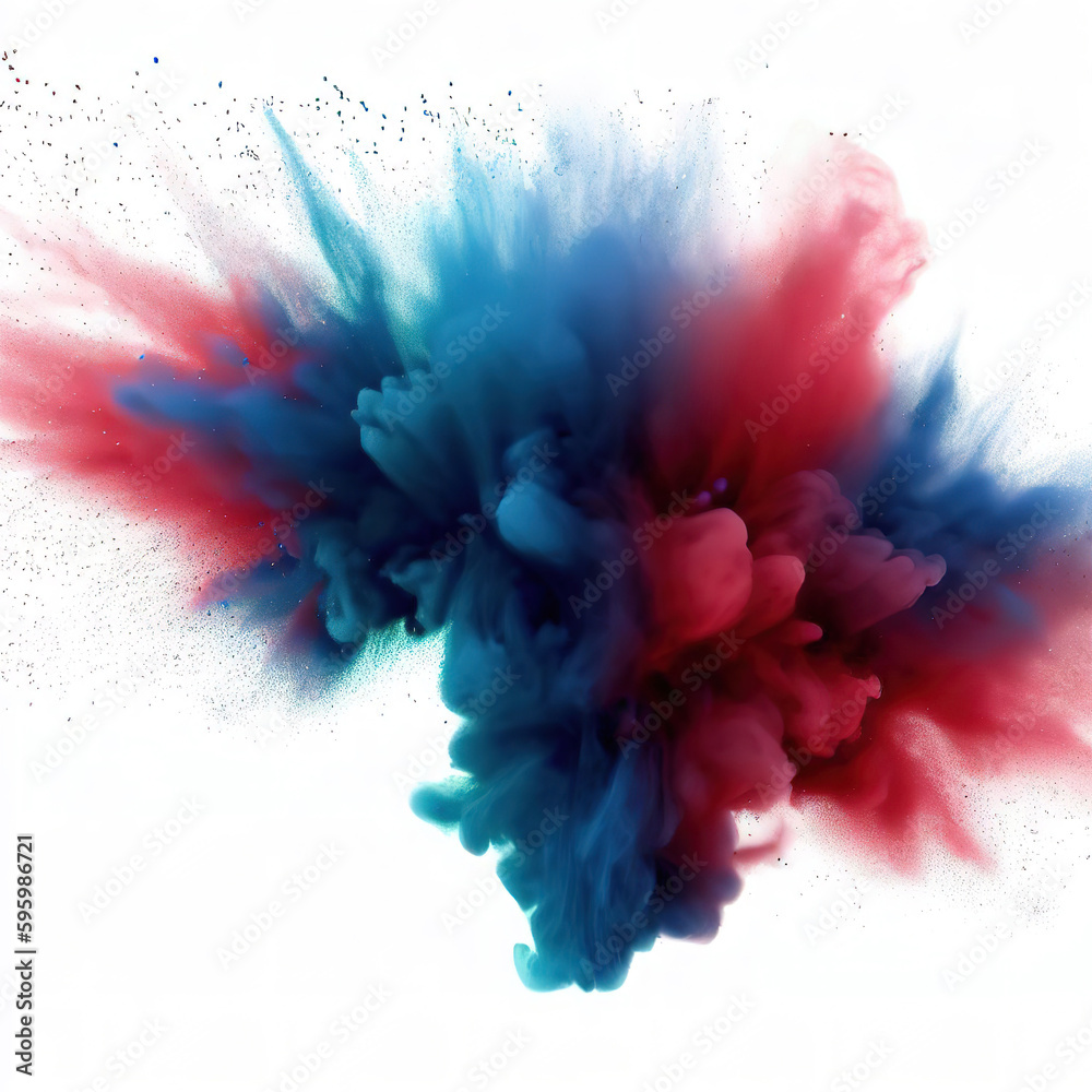 Blue Red Color Burst - Multiple colorful smoke powder explosion fluid ink particles slow motion with Generative AI.