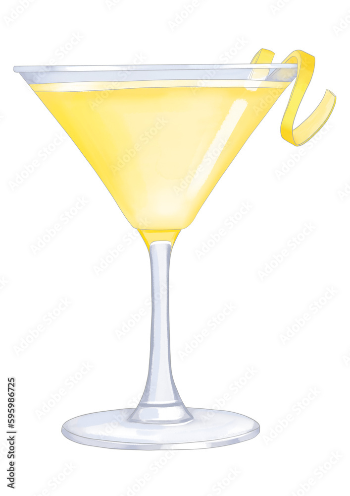 yellow cocktail in martini glass watercolor illustration