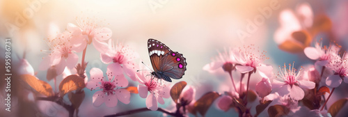 Butterfly and Blossom Flower Garden with Vibrant Colors and Soft Hues, Abstract Spring Nature background macro shot 