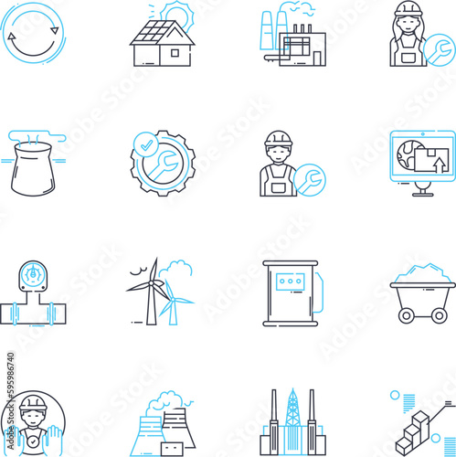 Manufacturing unit linear icons set. Production, Assembly, Automation, Efficiency, Quality, Equipment, Operations line vector and concept signs. Maintenance,Fabrication,Packaging outline illustrations