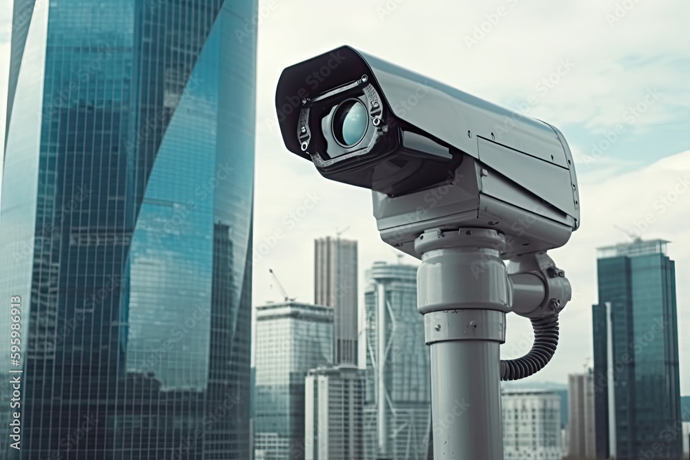 security camera watching a complete city, futuristic, control, government