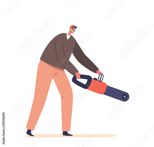 Male Character Cutting Trees With Chainsaw Requires Expertise, Skill, And Proper Safety Equipment, Vector Illustration