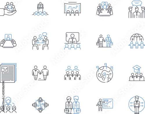 Leadership huddle line icons collection. Collaboration, Direction, Alignment, Decisions, Vision, Dialogue, Cohesion vector and linear illustration. Synergy,Inspiration,Motivation outline signs set
