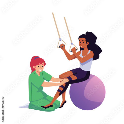 Patient undergoing physical rehabilitation with specialist flat vector isolated.