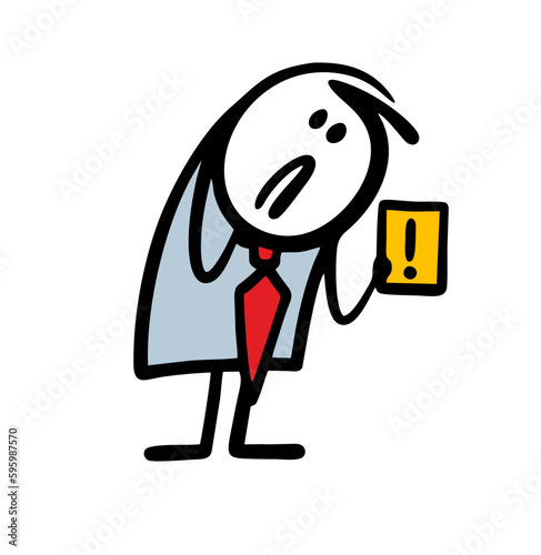 An alarmed businessman in a suit and tie holds a sign with an exclamation mark to draw attention to important information.