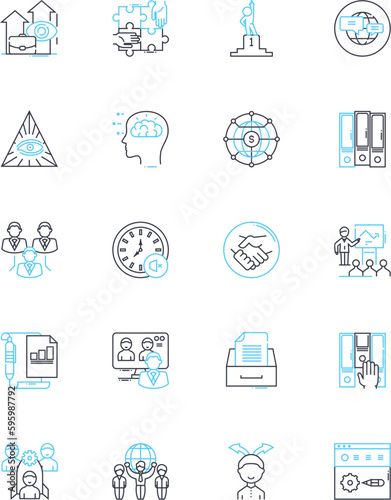 Executive Mogul linear icons set. Success, Leadership, Fortune, Ambition, Vision, Innovation, Strategy line vector and concept signs. Influence,Nerking,Intelligence outline illustrations