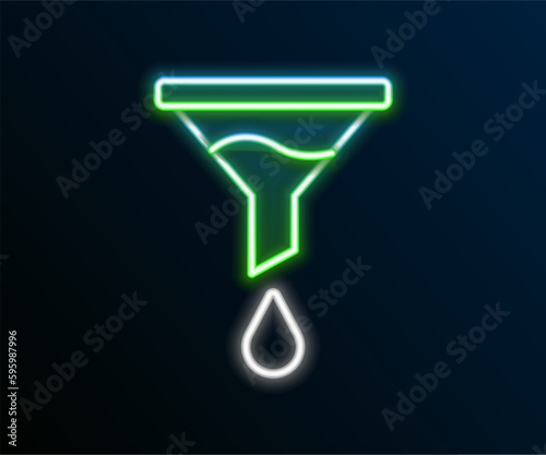 Glowing neon line Funnel or filter icon isolated on black background. Colorful outline concept. Vector