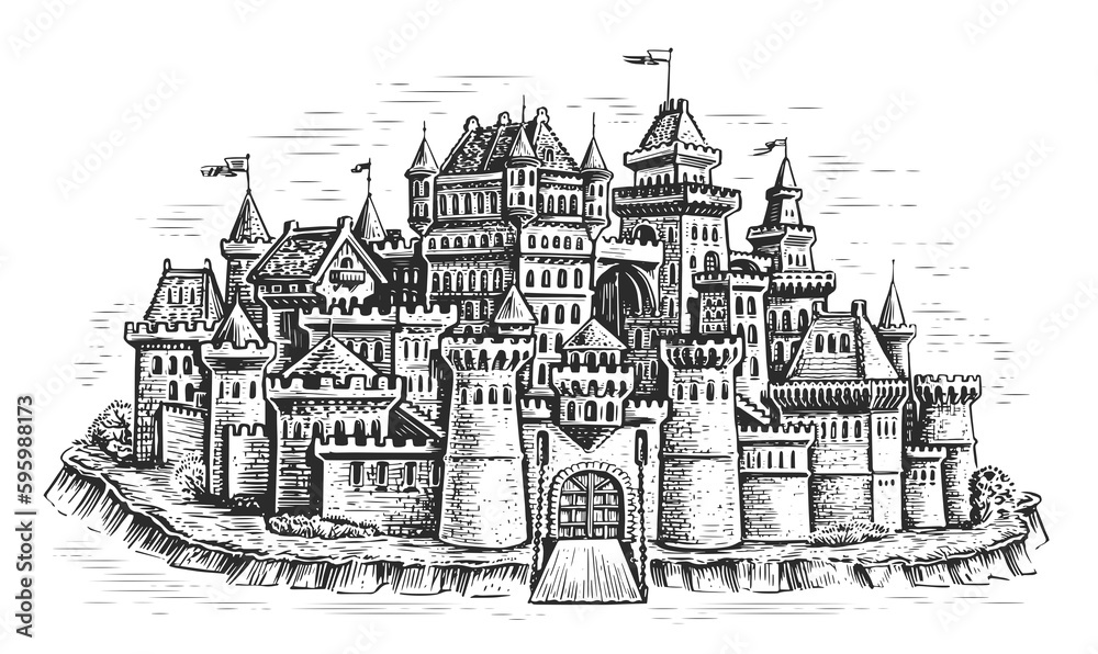 Medieval town. Stone castle with towers. Cityscape in vintage engraving style. Hand drawn sketch illustration
