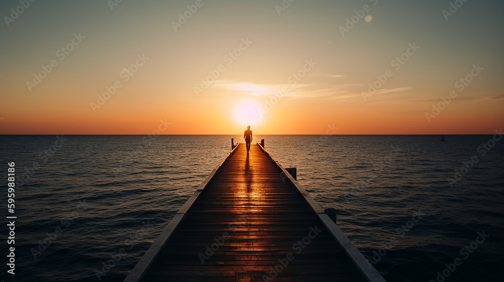 Rear view of a person standing on a wooden dock at a lake during sunset. Generative Ai