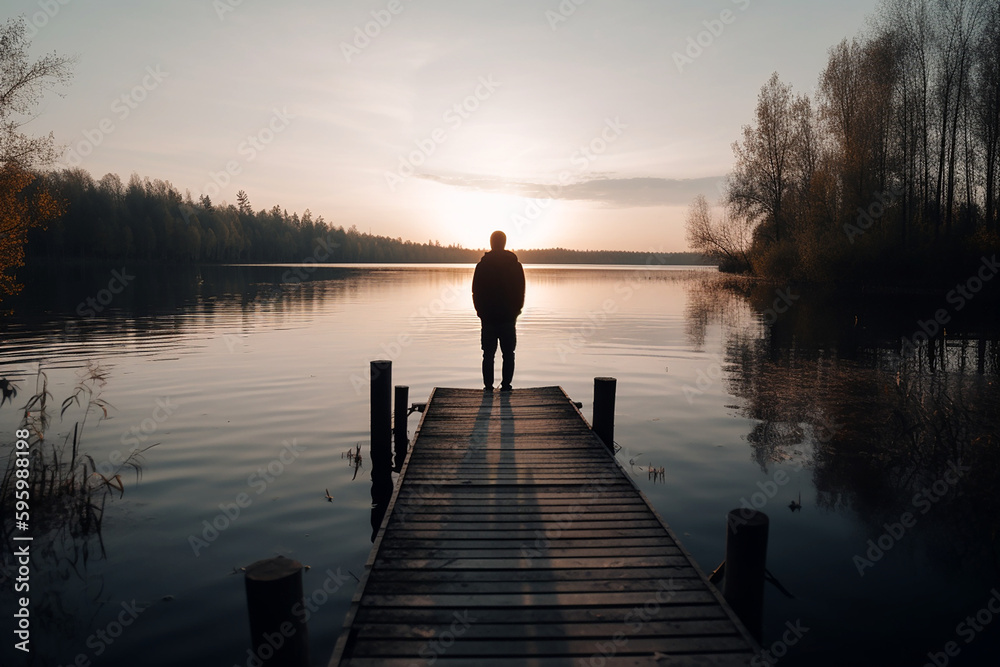 Rear view of a man standing on a wooden dock at a lake during sunset. Generative Ai