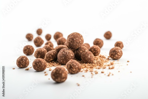 Crunchy chocolate balls for kids breakfast on white background. Generative AI