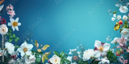 White flowers on a blue background. Copy space. Minimal styled concept. Creative lifestyle, summer, spring concept. Copy space, flat lay, top view.