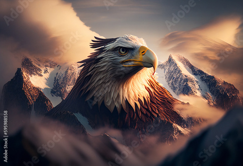 Big eagle in the clouds over the mountain range.Generating Ai