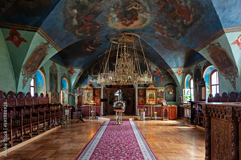 Obraz premium lnterior of Refectory with Savior-Transfiguraton Church of Vydubychi Monastery in Kyiv Ukraine