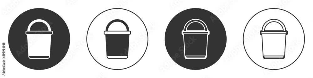Black Bucket icon isolated on white background. Circle button. Vector Black Bucket icon isolated on white background. Circle button. Vector