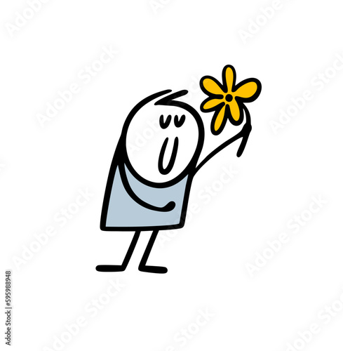 Funny doodle stickman giving a big flower on holiday.