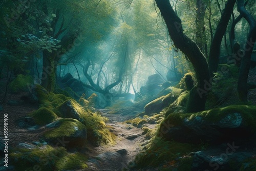 Magical forest painting in soothing blue and green hues. Generative AI