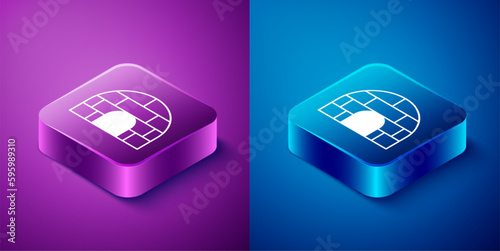 Isometric Igloo ice house icon isolated on blue and purple background. Snow home, Eskimo dome-shaped hut winter shelter, made of blocks. Square button. Vector
