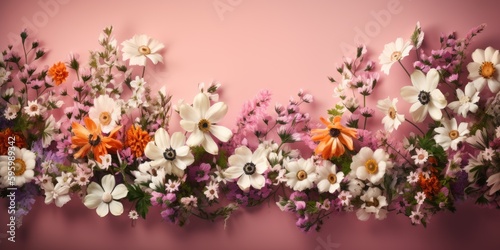 multicolored and White flowers on a pink background. Copy space. Minimal styled concept. Creative lifestyle, summer, spring concept. Copy space, flat lay, top view.