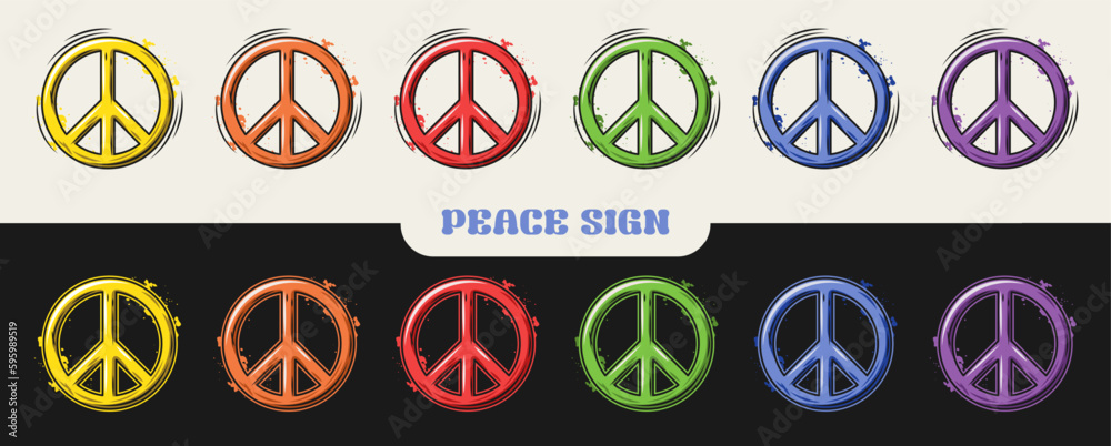 Peace sign with paint splashes. Set of symbols in rainbow colors in retro style. Illustrations on black, white background. Good for groovy, hippie style Peace sign with paint splashes. Set of symbols in rainbow colors in retro style. Illustrations on black, white background. Good for groovy, hippie style