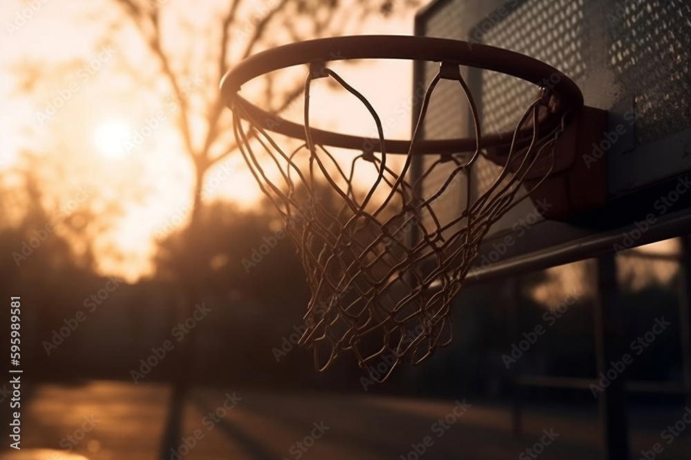 Sunset Basketball: Close-Up of a Basketball Hoop in Warm Evening Light. created with Generative AI