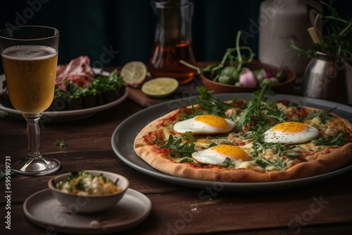 Plate with pizza, eggs, and salad topped with a slice of pizza. Generative AI