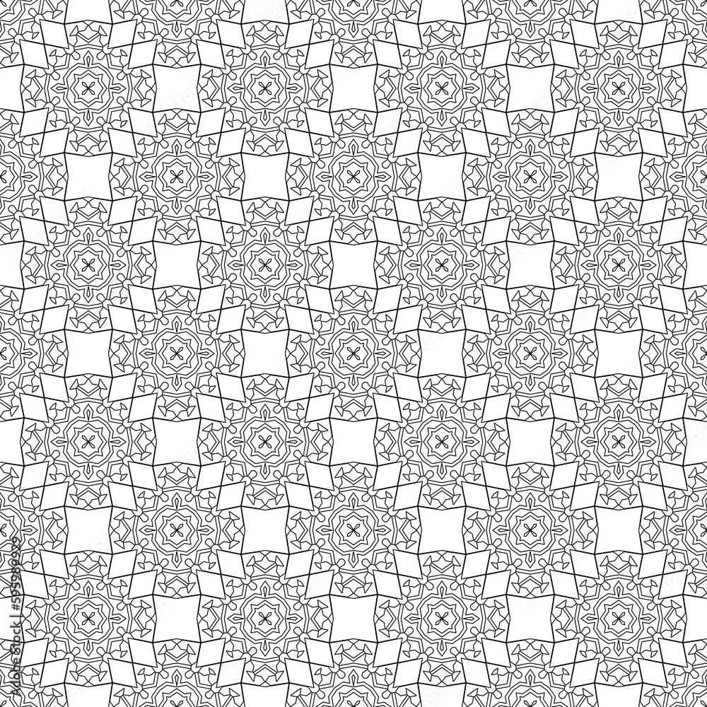 black and white contour pattern. seamless geometric ornament. panel coloring. openwork mesh. lace. mosaic.
