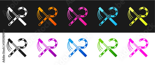 Set Crook and flail icon isolated on black and white background. Ancient Egypt symbol. Scepters of egypt. Vector