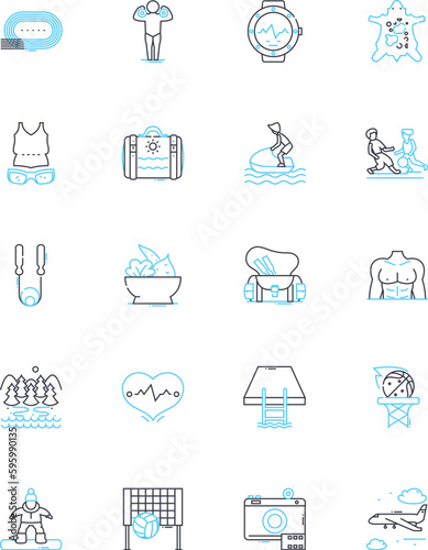 Extreme adventure linear icons set. Adrenaline, Thrilling, Intense, Climbing, Skydiving, Bungee, Paragliding line vector and concept signs. Snowboarding,Surfing,Whitewater outline illustrations