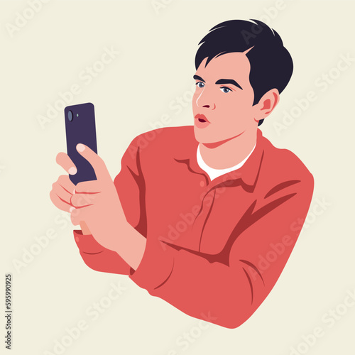 A shocked young man blogger takes pictures on his smartphone camera. Streaming video online. Photographer. Vector flat illustration