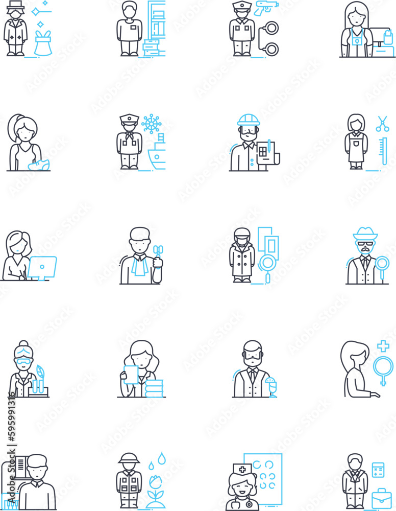 Vocation avenues linear icons set. Career, Profession, Occupation, Trade, Employment, Workforce, Job line vector and concept signs. Skillset,Craft,Specialization outline illustrations Vocation avenues linear icons set. Career, Profession, Occupation, Trade, Employment, Workforce, Job line vector and concept signs. Skillset,Craft,Specialization outline illustrations
