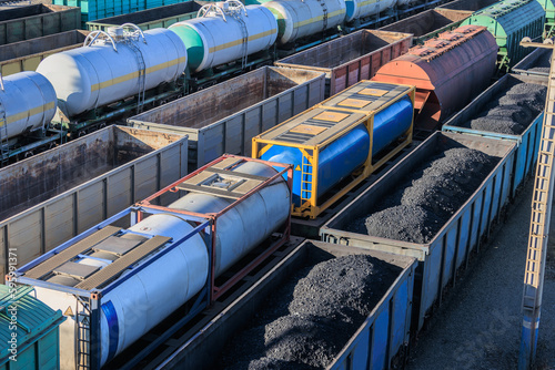 Many wagons with cargo at the railway