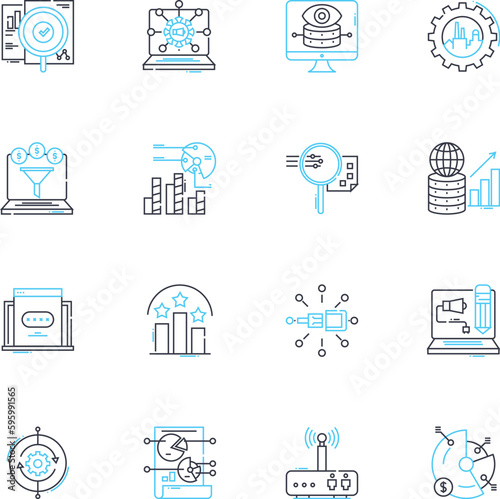 Financial forecasting linear icons set. Projections, Analytics, Prognostication, Budgeting, Analytics, Optimization, Forecasts line vector and concept signs. Market research,Analysis,Budgetary outline