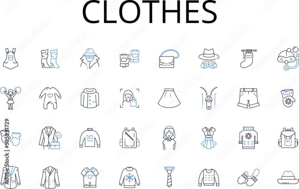 Clothes line icons collection. Attire, Garments, Apparel, Raiment, Outfit, Costume, Dressing vector and linear illustration. Wearables,Outfitting,Wardrobe outline signs set