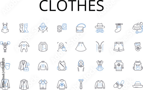 Clothes line icons collection. Attire, Garments, Apparel, Raiment, Outfit, Costume, Dressing vector and linear illustration. Wearables,Outfitting,Wardrobe outline signs set