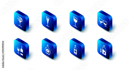 Set Glass of champagne, Wine glass, cognac or brandy, Vodka with pepper, Beer bottle, Bottle, and Cocktail icon. Vector