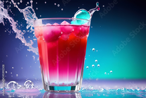 Colorful cocktails garnished with berries and ice in glasses with splashes, Studio shot of drink in freeze motion, drops in liquid splash. Summer cold drink and cocktail. Generative AI