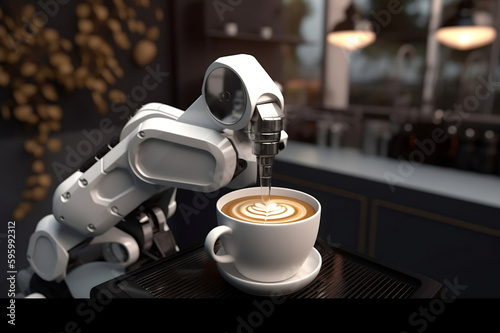 Robot arm serving hot coffee in a coffee shop. created with Generative AI