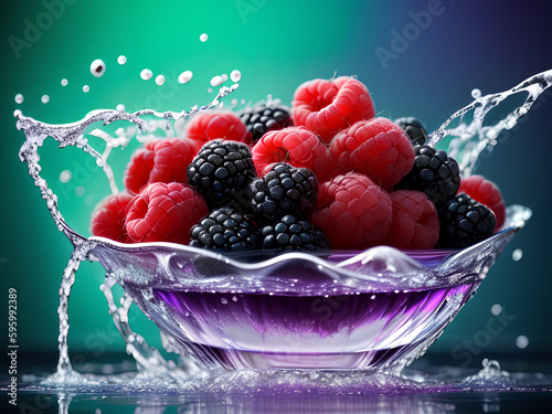 Blackberries and raspberries with fresh mint leaves in water splash on dark background. Generative AI
