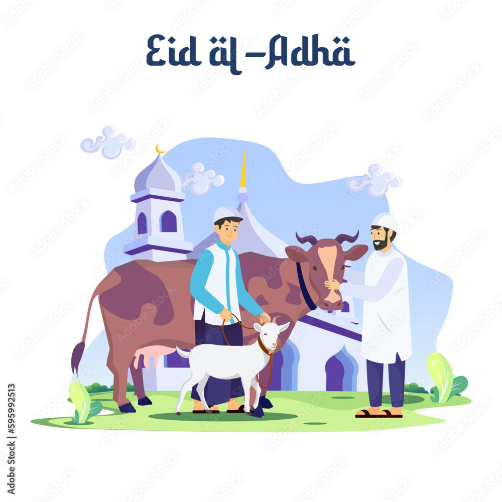 Naklejka premium Happy Muslim family celebrates Eid Al Adha Mubarak with a goat. Flat vector template illustration