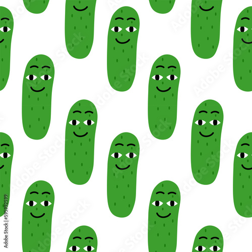 Funny doodle cucumbers with faces seamless pattern on white background. Veggies cute illustration.