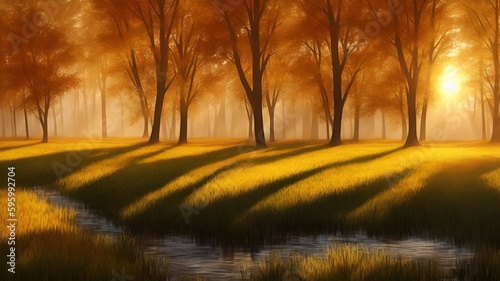 Autumn forest with orange trees and a stream of water at sunset. The AI generation