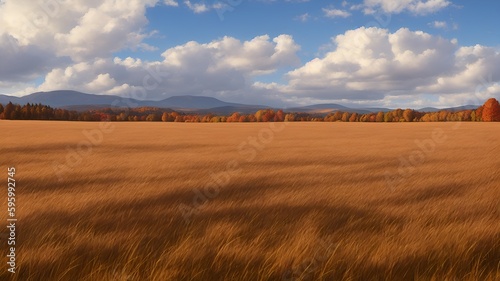 A plain covered with tall  dense grass in the fall. Blue sky with white clouds over the steppe. AI generation