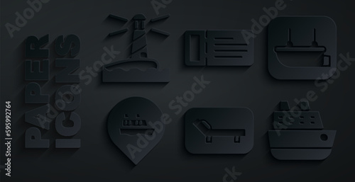 Set Sunbed and umbrella, Lifeboat, Location with cruise ship, Cruise, ticket and Lighthouse icon. Vector