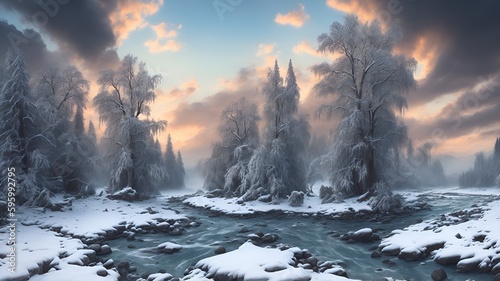 A picturesque winter landscape with snow-covered trees on the bank of a swift river at sunset. AI generation