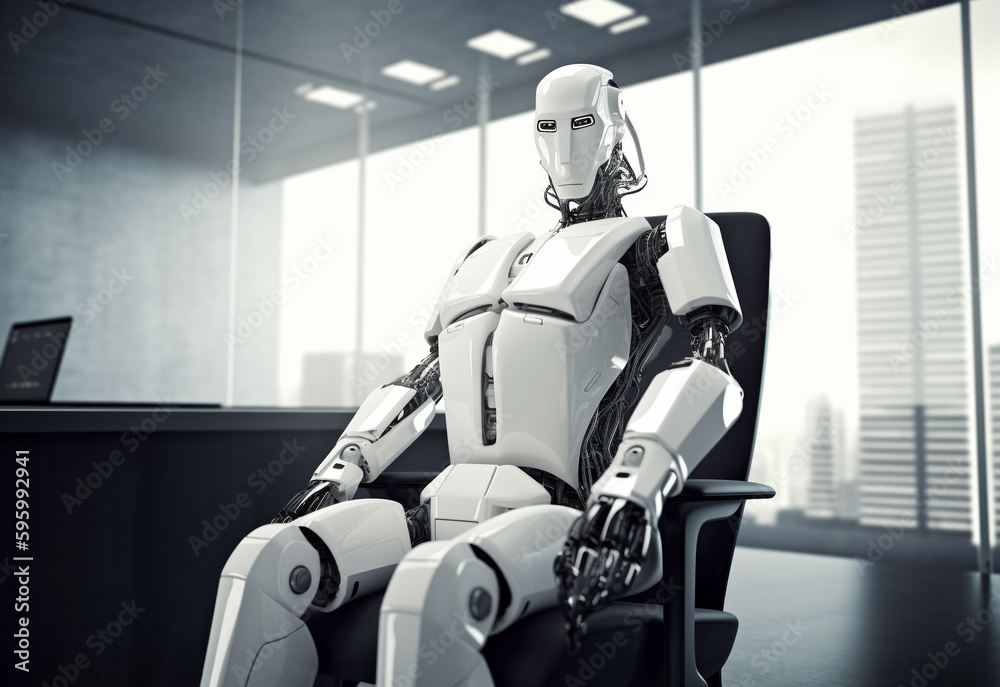 社長室の椅子に座るAIロボット-未来都市背景,Generative A